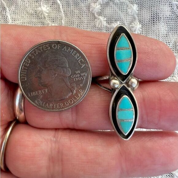 Vintage Native Turquoise Inlay Zuni Dishta Long Ring - Picture 8 of 9